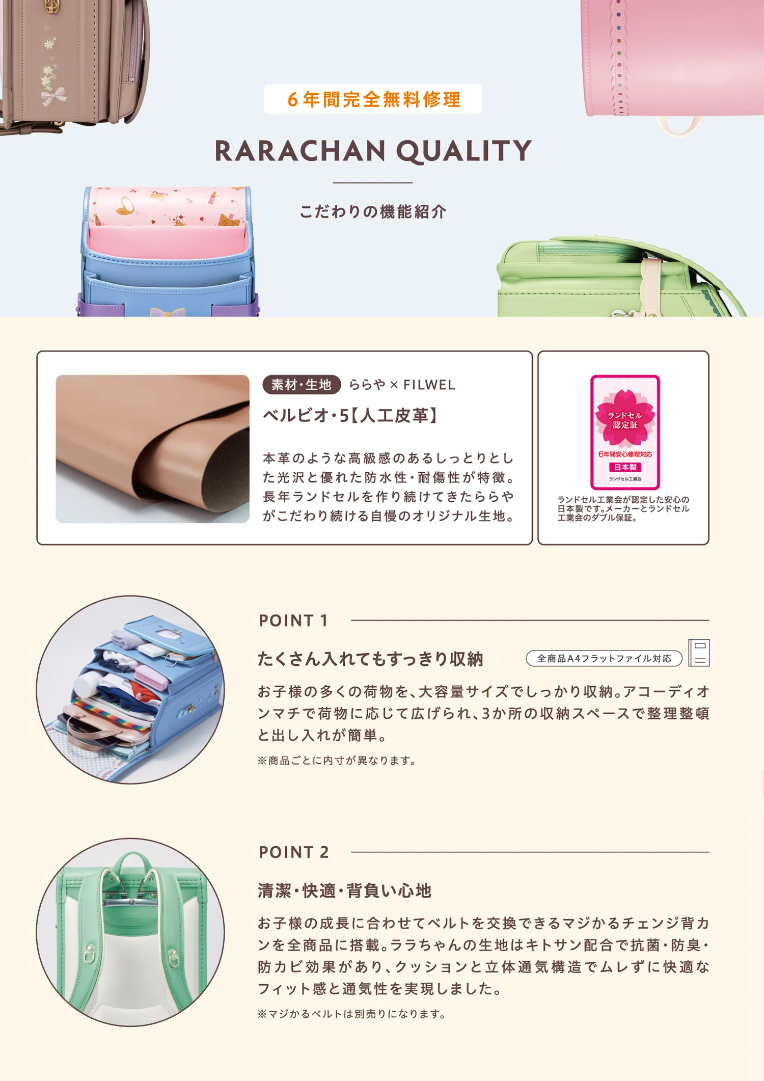 ランドセルのこだわりの機能紹介：人口皮革、たくさん入れてもスッキリ収納、清潔・快適・背負い心地