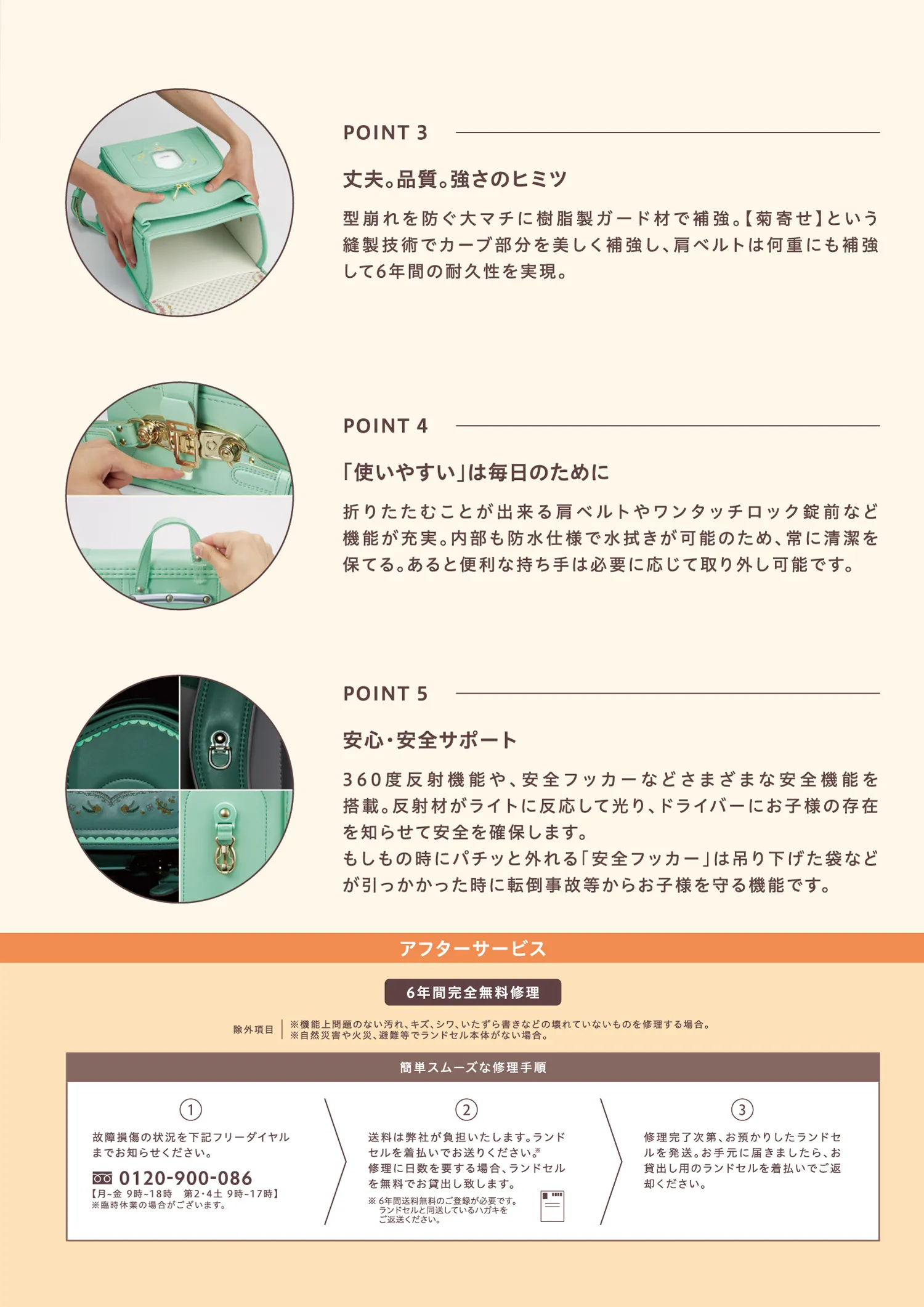 ランドセルのこだわりの機能紹介：上部。品質。強さの秘密、使いやすいは毎日のために、安心安全サポート、6年間完全無料修理
