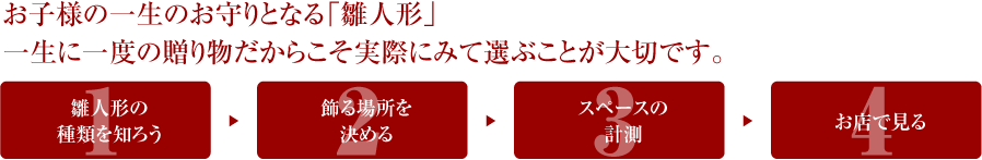 お子様の一生のお守りとなる「雛人形」一生に一度の贈り物だからこそ実際にみて選ぶことが大切です。