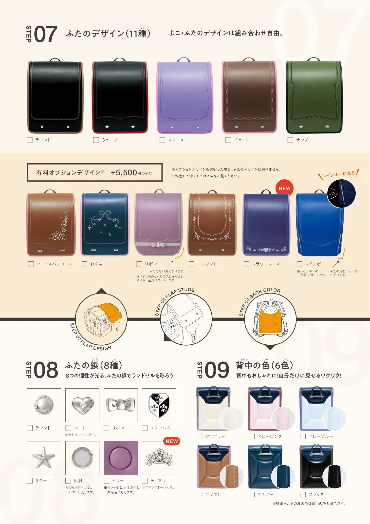 オーダーランドセルのふたのデザイン・ふたの鋲・背中の色